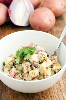 Potato salad freshly homemade without mayonaise.  Ingredients include cilantro olive oil vinegar whole grain dijon mustard red onions and potatoes. 