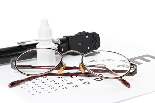 Glasses, ophthalmoscope and a bottle of eye drops are on a vision test