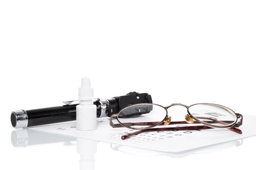 Glasses, ophthalmoscope and a bottle of eye drops are on a vision test