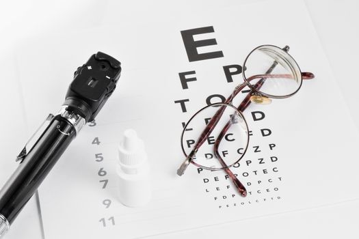 Glasses, ophthalmoscope and a bottle of eye drops are on a vision test