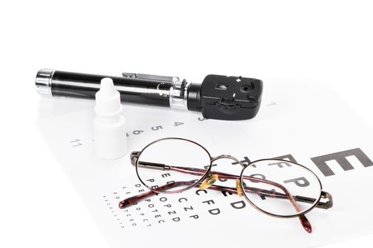 Glasses, ophthalmoscope and a bottle of eye drops are on a vision test