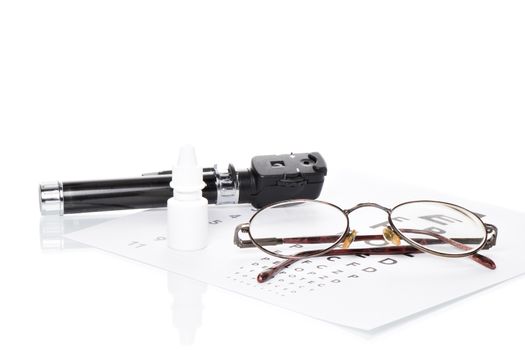 Glasses, ophthalmoscope and a bottle of eye drops are on a vision test