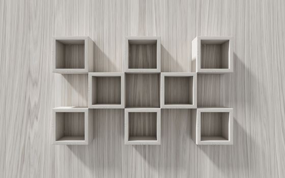 3d isolated Empty shelf for exhibit on wood background, concept