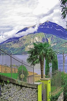 View of Lake Como from a steep street in Varenna, Italy