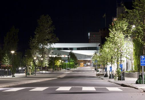 Downtown Umeå, Sweden at Night with the modern Väven building in the back.