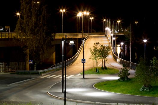 On-Ramp to the Curch Bridge in Umeå, Sweden at night.