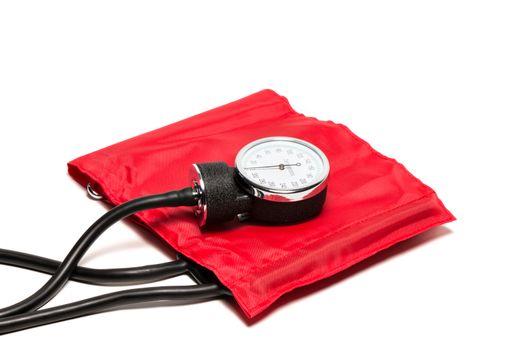 red Blood pressure cuff, close-up isolated