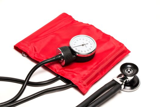 red Blood pressure cuff, close-up isolated