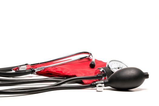 red Blood pressure cuff, close-up isolated