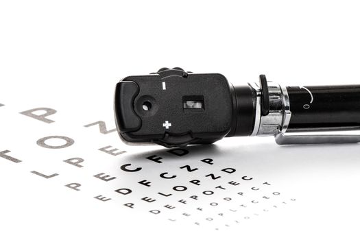 Ophthalmoscope is on a vision test, isolated