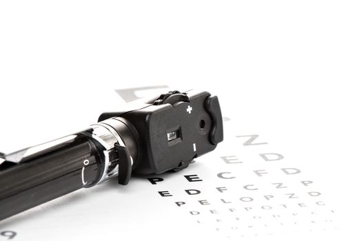 Ophthalmoscope is on a vision test, isolated