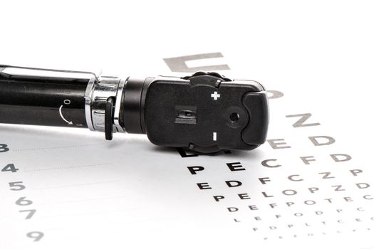 Ophthalmoscope is on a vision test, isolated