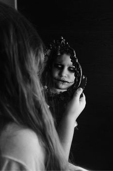 a girl staring at the mirror but her reflection is horrifying.