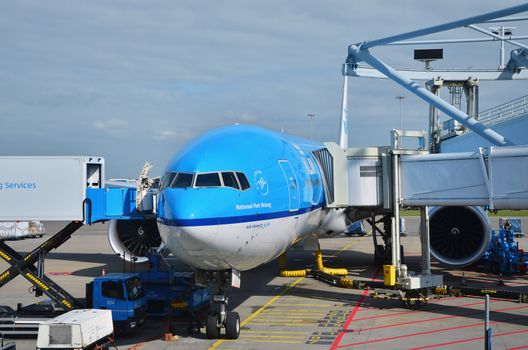 Amsterdam, Netherlands - May 16, 2015: KLM Royal Dutch Airlines airplanes on May 16, 2015 in Amsterdam. KLM is the largest airline of the Netherlands with its hub at Amsterdam airport.