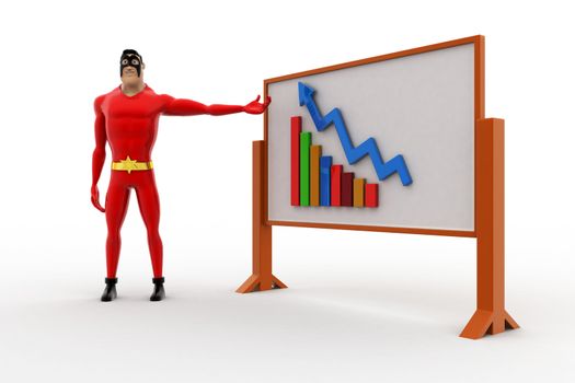 3d superhero present growth on graph on board concept on white background, side angle view