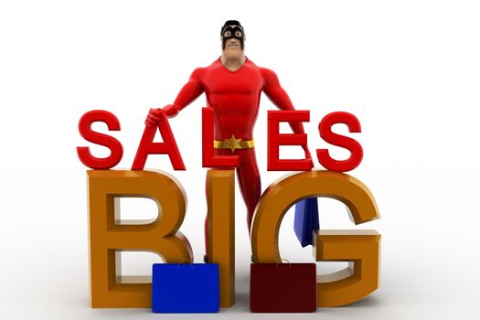 3d superhero with big sales concept on white background, front angle view