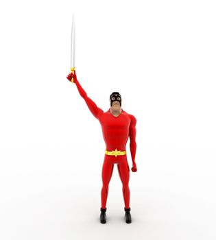 3d superhero holding metal sword in on hand concept on white background, front angle view