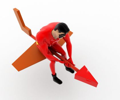 3d superhero riding on toy plan concept on white background,  top angle view