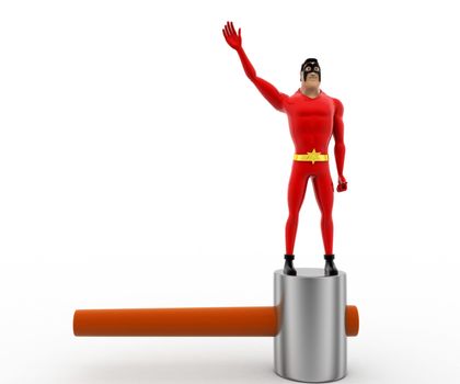 3d superhero standing on metal hammer concept on white background, front angle view