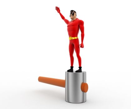 3d superhero standing on metal hammer concept on white background, side angle view