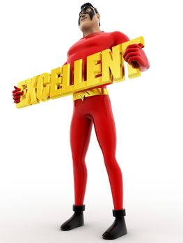 3d superhero holding excellent colourful text concept on white background, low angle view