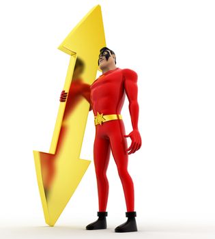 3d superhero with bidirection arrow concept on white background, side angle view