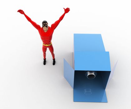 3d superhero with canon inside box concept on white background, top angle view