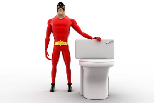 3d superhero with toilet seat concept on white background, front angle view