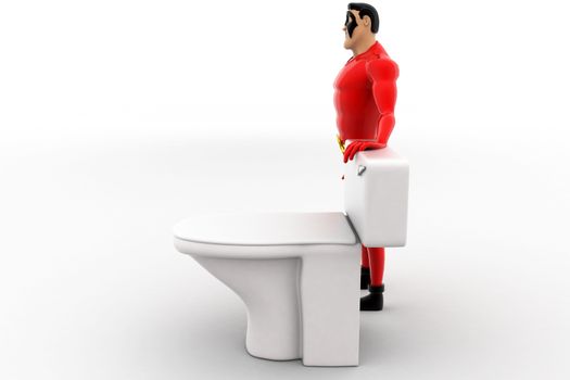 3d superhero with toilet seat concept on white background,  side angle view