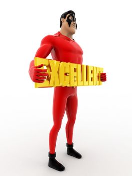 3d superhero holding excellent colourful text concept on white background, side  angle view