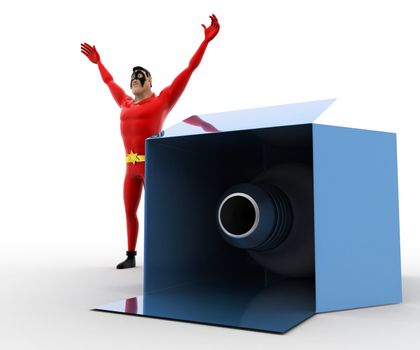 3d superhero with canon inside box concept on white background, side  angle view