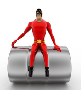 3d superhero sitting steel barrel concept on white background, front angle view