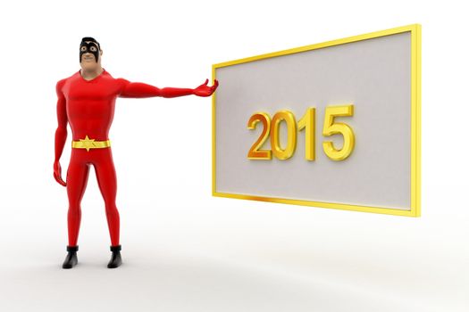 3d superhero poininting at 2015 board concept on white background, side angle view