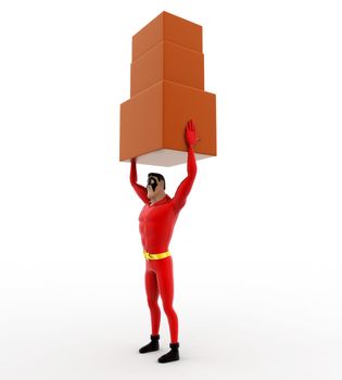 3d superhero carry three boxes togther concept on white background, side angle view
