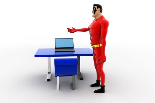3d superhero working on laptop on office table concept on white background, front angle view