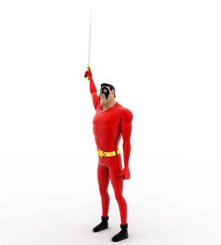 3d superhero holding metal sword in on hand concept on white background, side angle view