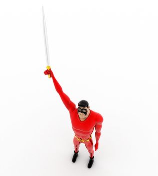 3d superhero holding metal sword in on hand concept on white background, top angle view