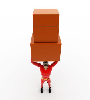 3d superhero carry three boxes togther concept on white background, top angle view