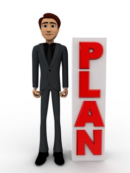 3d man with red vertical plan text concept on white background, front angle view