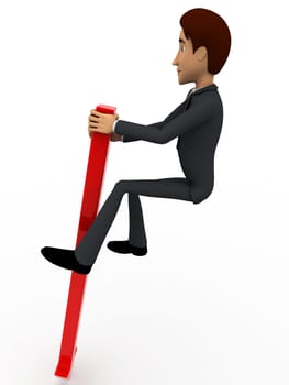 3d man standing on long red arrow concept on white background, side angle view