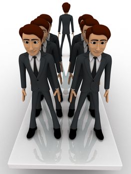 3d men standing seesaw one man on on side and group of men on other side concept on white background, front angle view