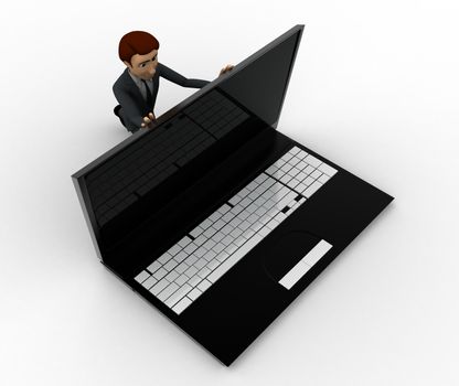 3d man pushing laptop screen and closing it concept on white background, top angle view