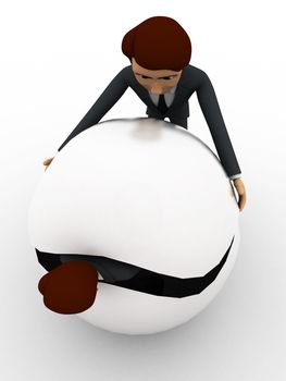 3d man try to hide body inside sphere concept on white background, top angle view