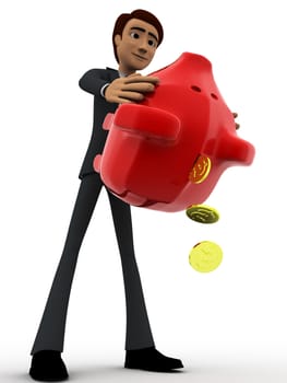 3d man taking out golden coins from red piggybank concept on white background, low angle view