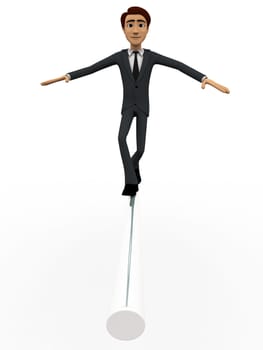 3d man walking on rope and making balance concept on white background front angle view
