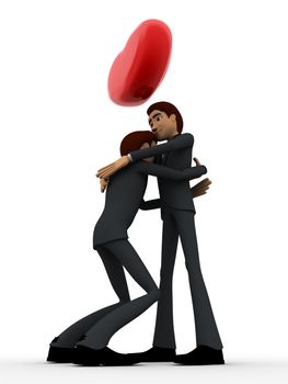 3d men hug each other and with heart on haed concept on white background, low angle view
