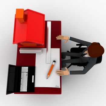 3d man making home plan on laptop with small model of house on talbe concept on white background, top angle view