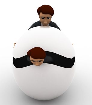 3d man try to hide body inside sphere concept on white background, front angle view