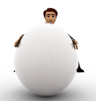 3d man trying to carry up big white sphere concept on white background, front angle view