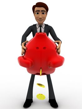 3d man taking out golden coins from red piggybank concept on white background, front angle view